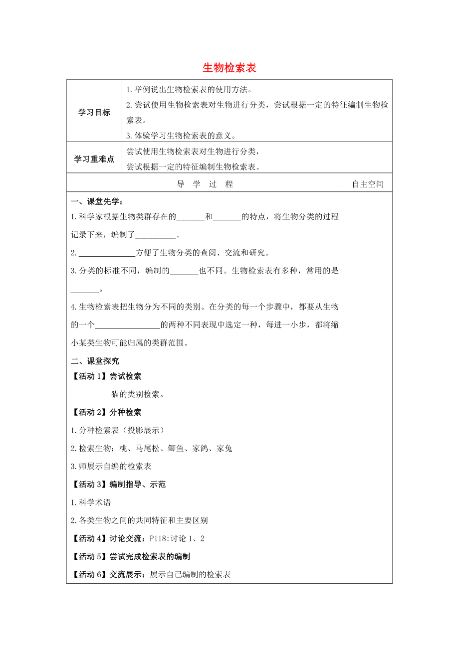 江蘇省連云港市灌南縣七年級生物下冊 第五單元 第14章 生物的命名和分類 第2節(jié) 生物檢索表學(xué)案（無答案）（新版）蘇科版（通用）_第1頁