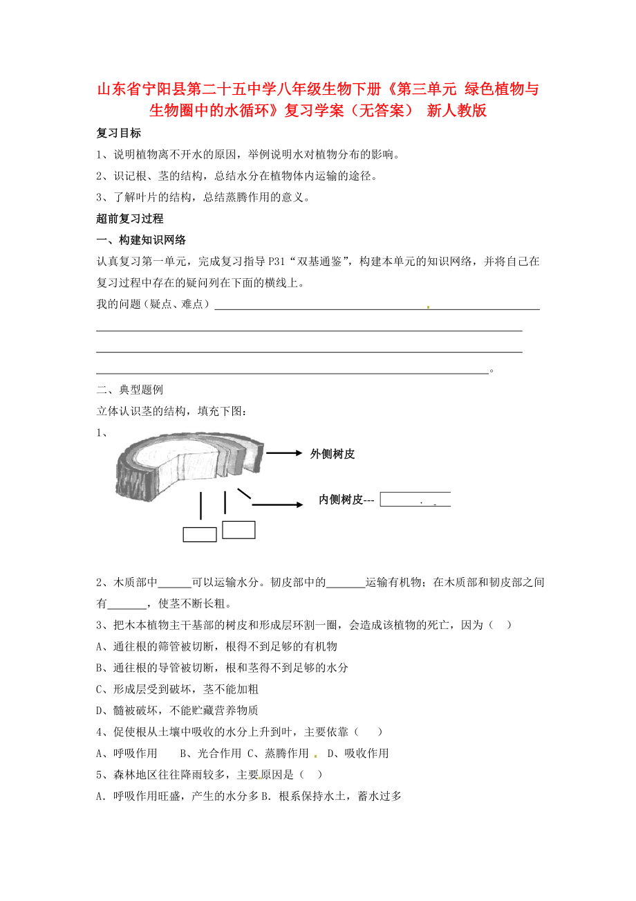 山東省寧陽縣第二十五中學八年級生物下冊《第三單元 綠色植物與生物圈中的水循環(huán)》復習學案（無答案） 新人教版_第1頁