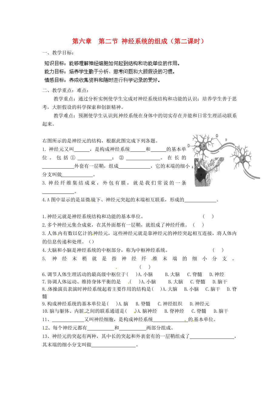 山東省淄博市淄川區(qū)昆侖中學八年級生物下冊 第六章 第二節(jié) 神經(jīng)系統(tǒng)的組成（第2課時）教學案（無答案）（新版）魯科版_第1頁