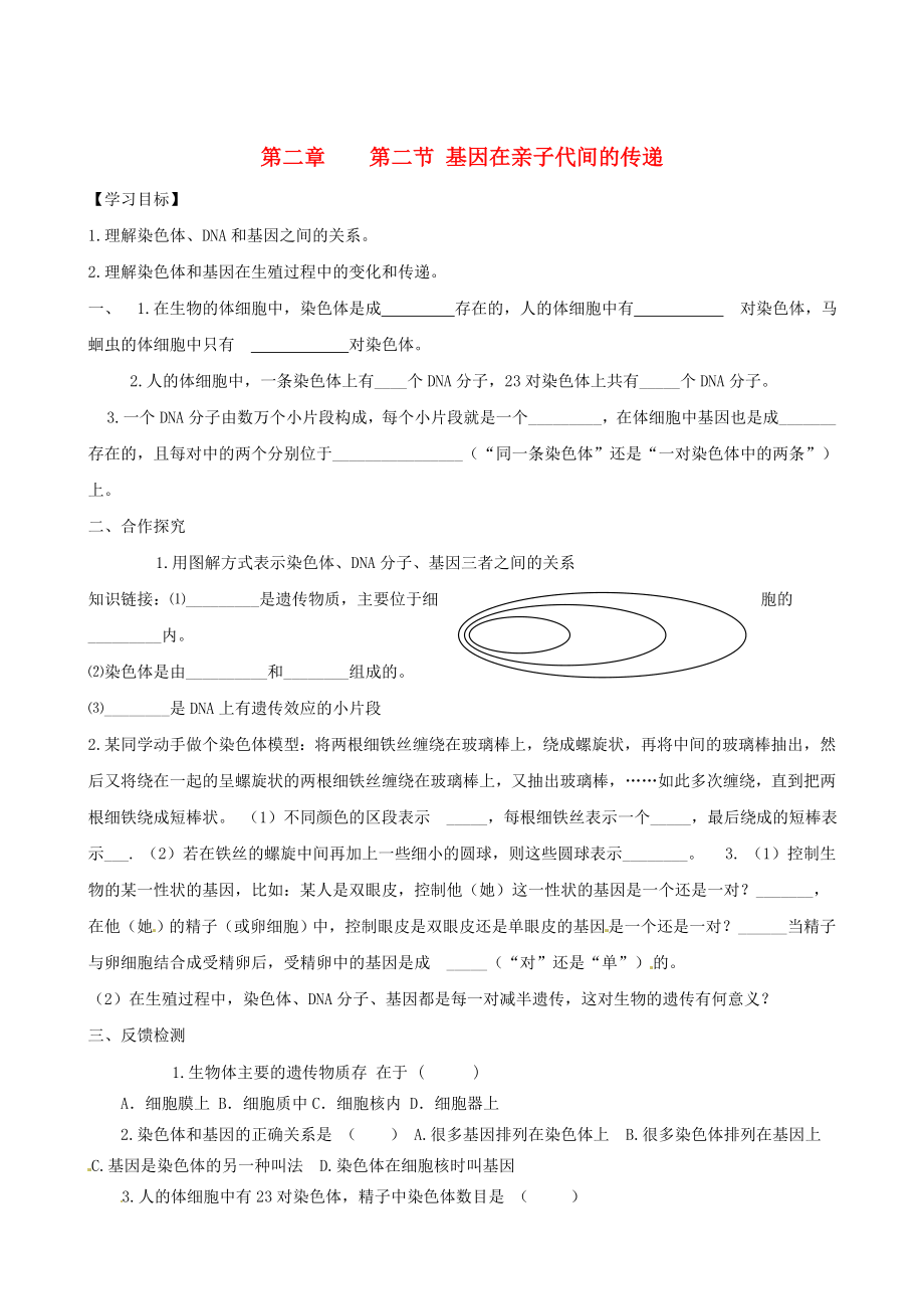 河北省藁城市尚西中學(xué)八年級生物下冊 第二章 第二節(jié) 基因在親子代間的傳遞學(xué)（無答案）新人教版_第1頁