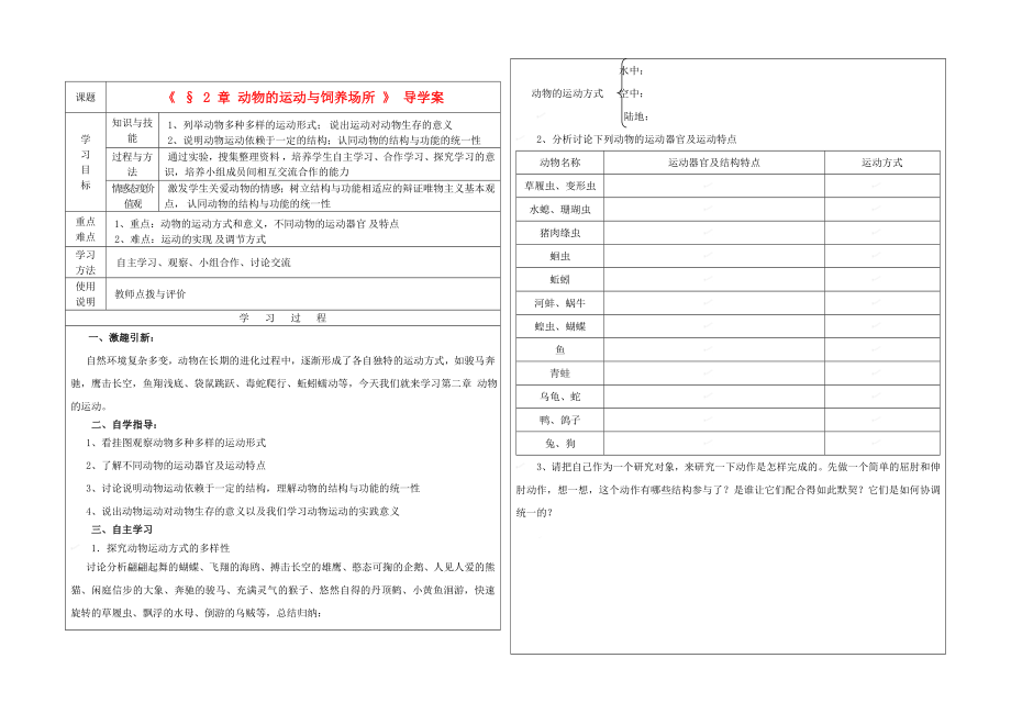 八年級(jí)生物上冊(cè) 動(dòng)物的運(yùn)動(dòng)與飼養(yǎng)場(chǎng)所導(dǎo)學(xué)案（無(wú)答案） 冀教版（通用）_第1頁(yè)