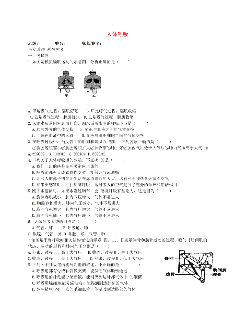 山東省膠南市王臺鎮(zhèn)中心中學(xué)七年級生物下冊《第四單元 第三章 人體的呼吸》復(fù)習(xí)題1（無答案）（新版）新人教版_第1頁