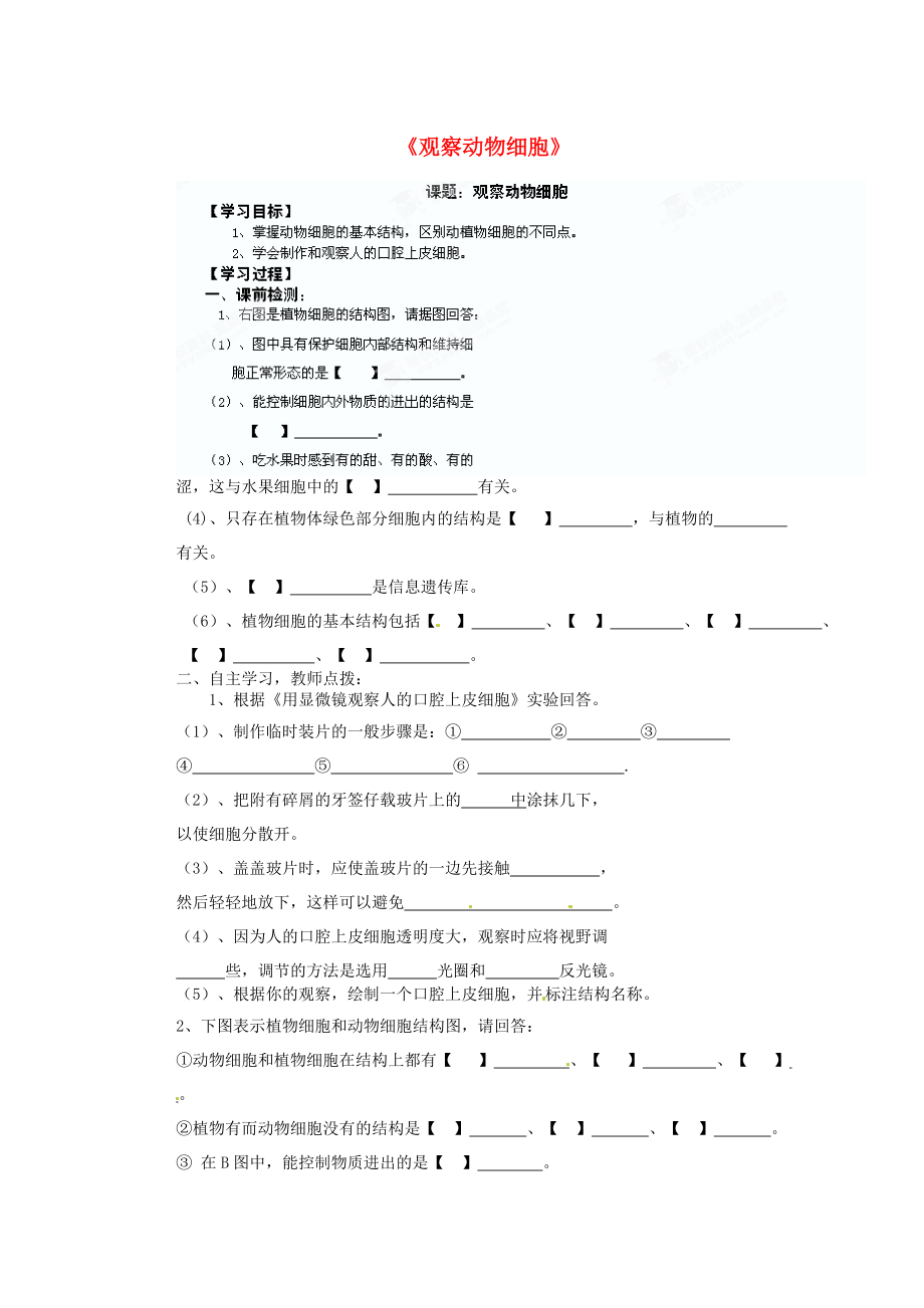 山東省膠南市隱珠街道辦事處中學(xué)七年級(jí)生物上冊(cè)《觀察動(dòng)物細(xì)胞》優(yōu)質(zhì)課導(dǎo)學(xué)案（無(wú)答案） 新人教版_第1頁(yè)