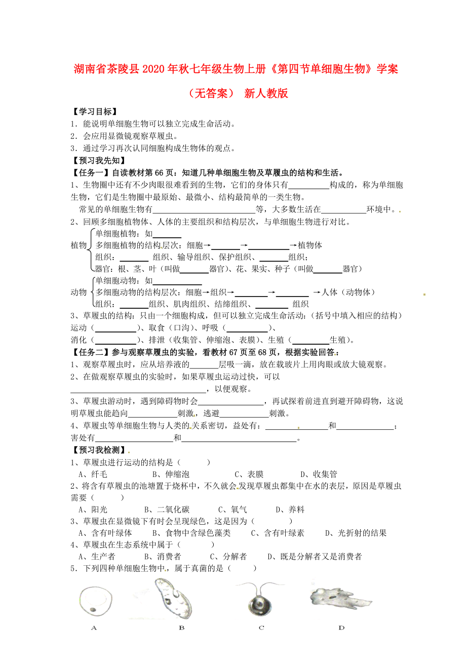 湖南省茶陵縣2020年秋七年級生物上冊《第四節(jié)單細胞生物》學案（無答案） 新人教版_第1頁