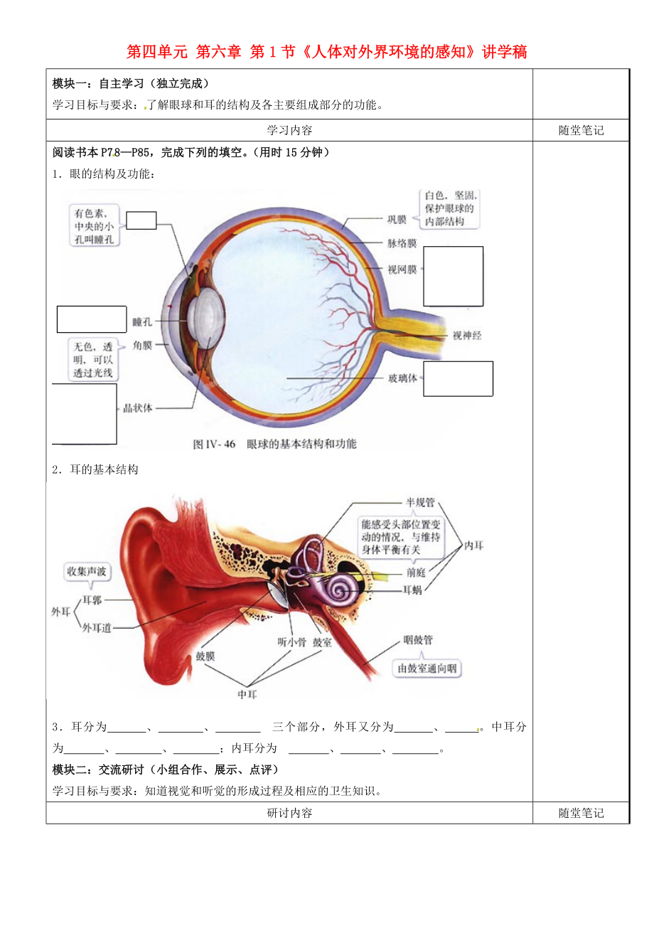 廣東省河源市中英文實(shí)驗(yàn)學(xué)校七年級生物下冊 第四單元 第六章 第1節(jié)《人體對外界環(huán)境的感知》講學(xué)稿（無答案） 新人教版（通用）_第1頁