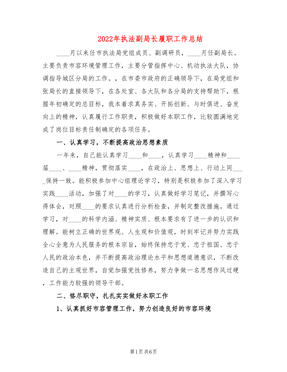 2022年执法副局长履职工作总结_第1页