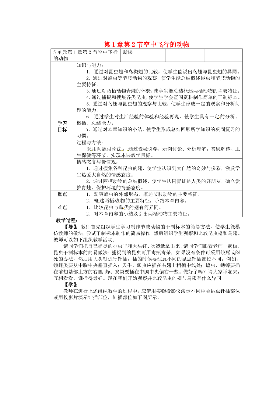 重慶市巴南區(qū)馬王坪學(xué)校八年級生物上冊 第5單元 第1章 第2節(jié) 空中飛行的動物學(xué)案2（無答案） 新人教版_第1頁