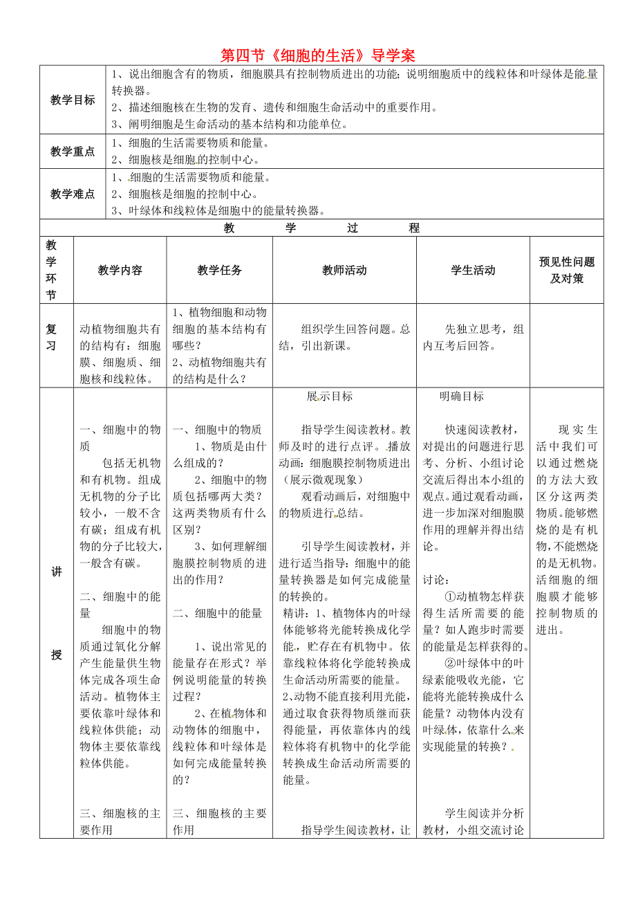 吉林省通化市七年級生物上冊 第2單元 第1章 第4節(jié) 細(xì)胞的生活導(dǎo)學(xué)案（無答案）（新版）新人教版（通用）_第1頁