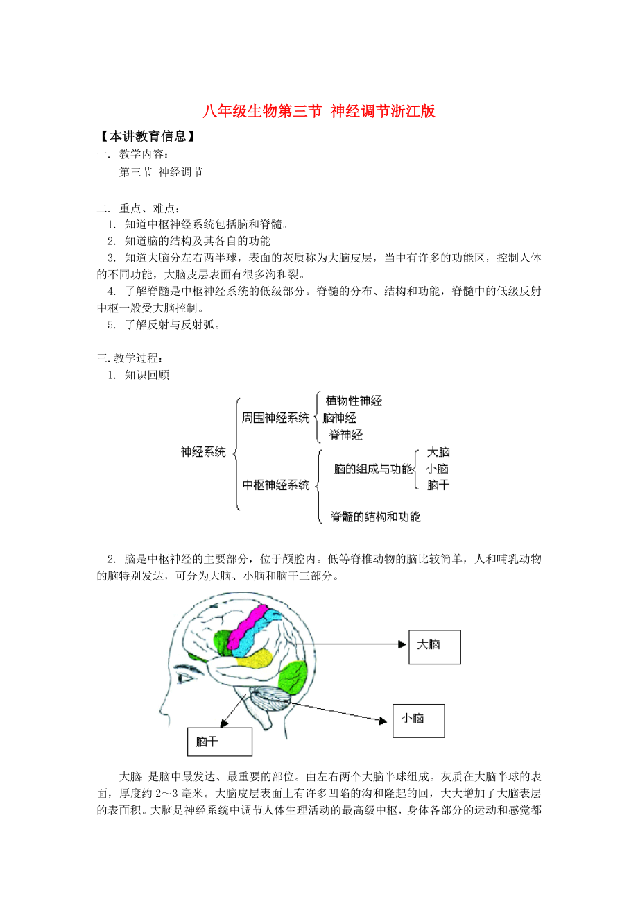 八年級(jí)生物第三節(jié) 神經(jīng)調(diào)節(jié)浙江版知識(shí)精講_第1頁(yè)