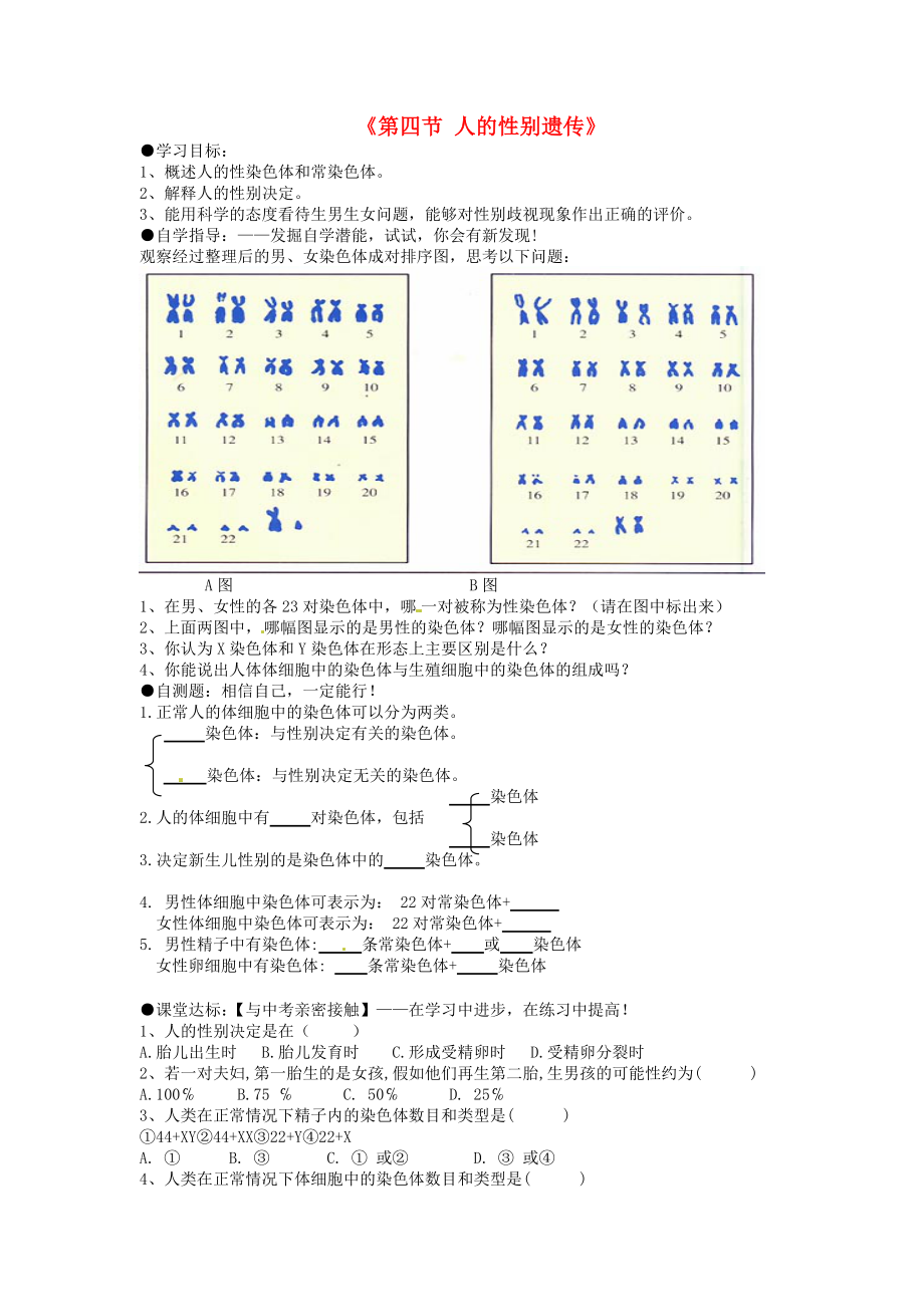 湖南省茶陵縣世紀(jì)星實(shí)驗(yàn)學(xué)校八年級(jí)生物下冊(cè)《第四節(jié) 人的性別遺傳》學(xué)案（無(wú)答案） 新人教版_第1頁(yè)