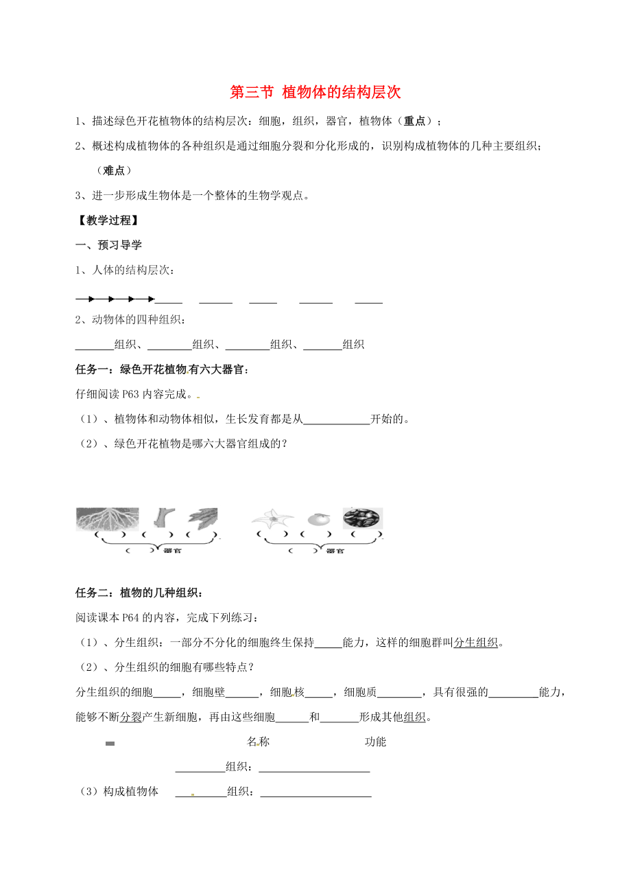 廣西桂林市雁山中學(xué)七年級(jí)生物上冊(cè) 第2單元 第2章 第3節(jié) 植物體的結(jié)構(gòu)層次導(dǎo)學(xué)案（無(wú)答案）（新版）新人教版_第1頁(yè)