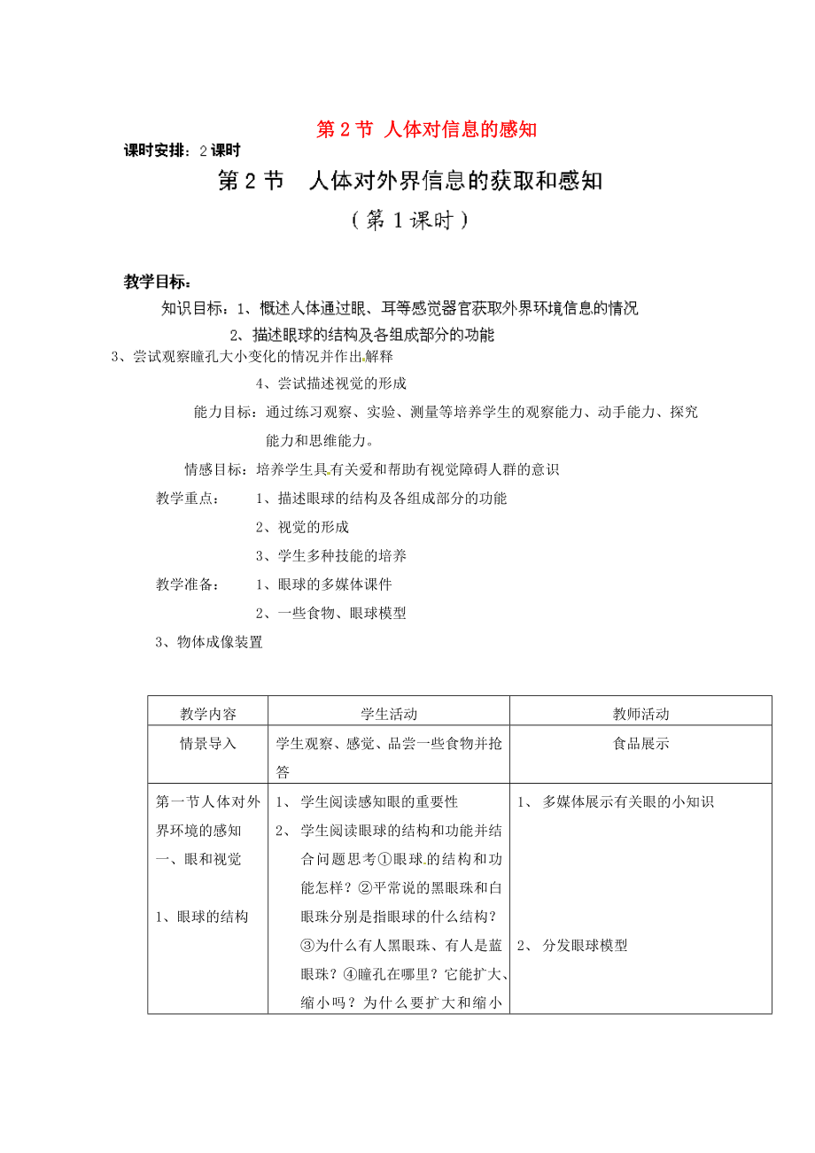 江蘇省揚(yáng)中市同德中學(xué)八年級(jí)生物上冊(cè) 第2節(jié) 人體對(duì)信息的感知教案 蘇科版_第1頁(yè)