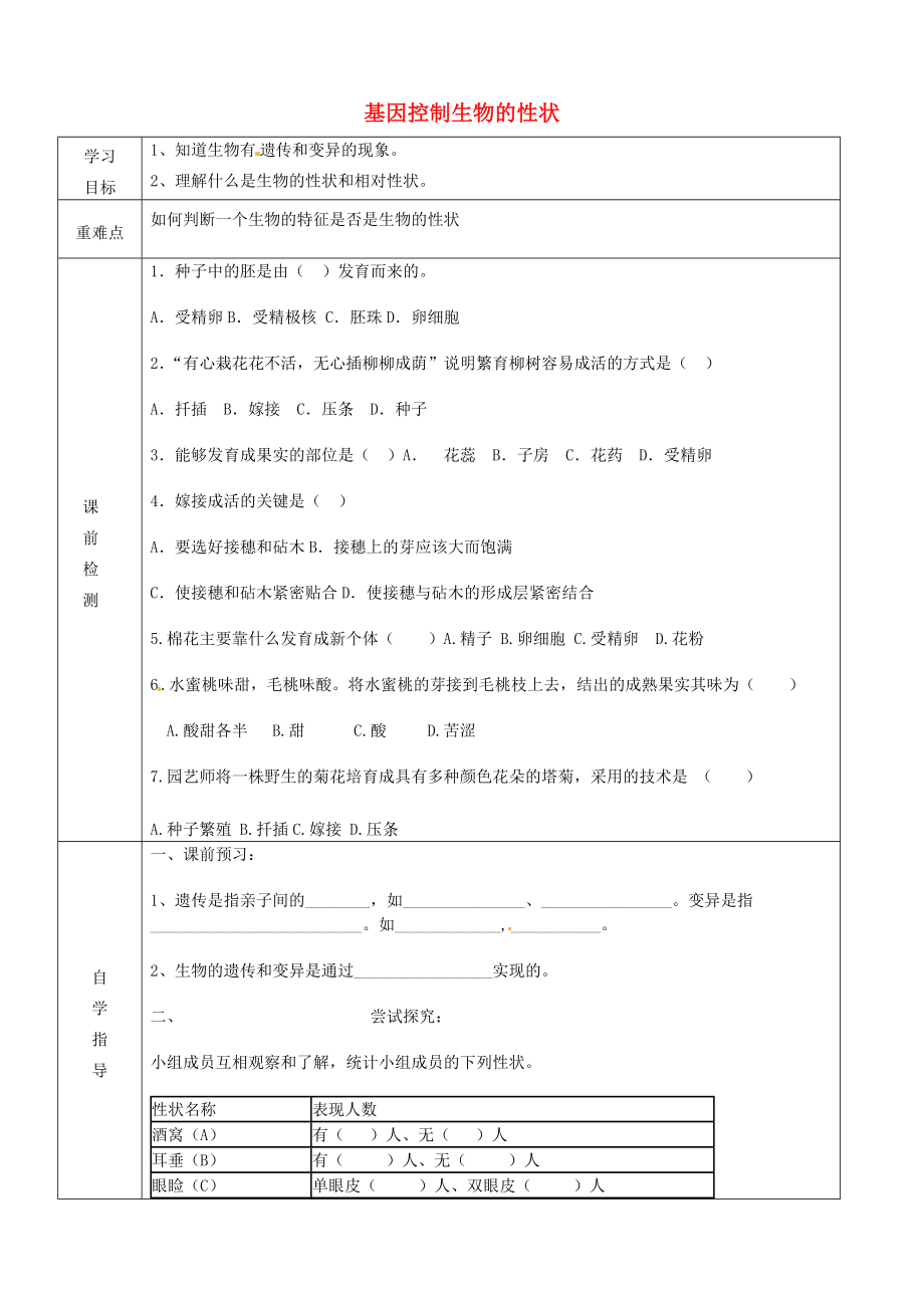 內(nèi)蒙古阿魯科爾沁旗天山第六中學(xué)八年級生物下冊 第七單元 第二章 第一節(jié) 基因控制生物的性狀導(dǎo)學(xué)案（無答案） 新人教版_第1頁