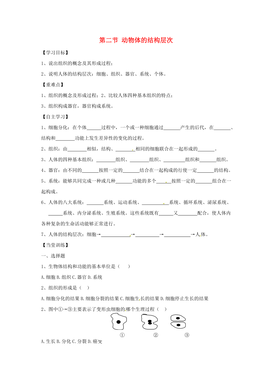 內蒙古鄂爾多斯市康巴什新區(qū)第二中學七年級生物上冊 第二單元 第二章《第二節(jié) 動物體的結構層次》學案（無答案） 新人教版_第1頁