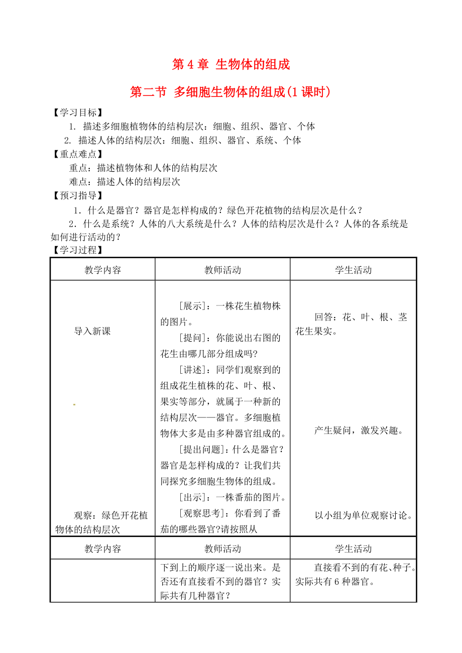 江苏省盐城东台市唐洋镇七年级生物上册《4.2多细胞生物体的组成》学案（无答案）_第1页