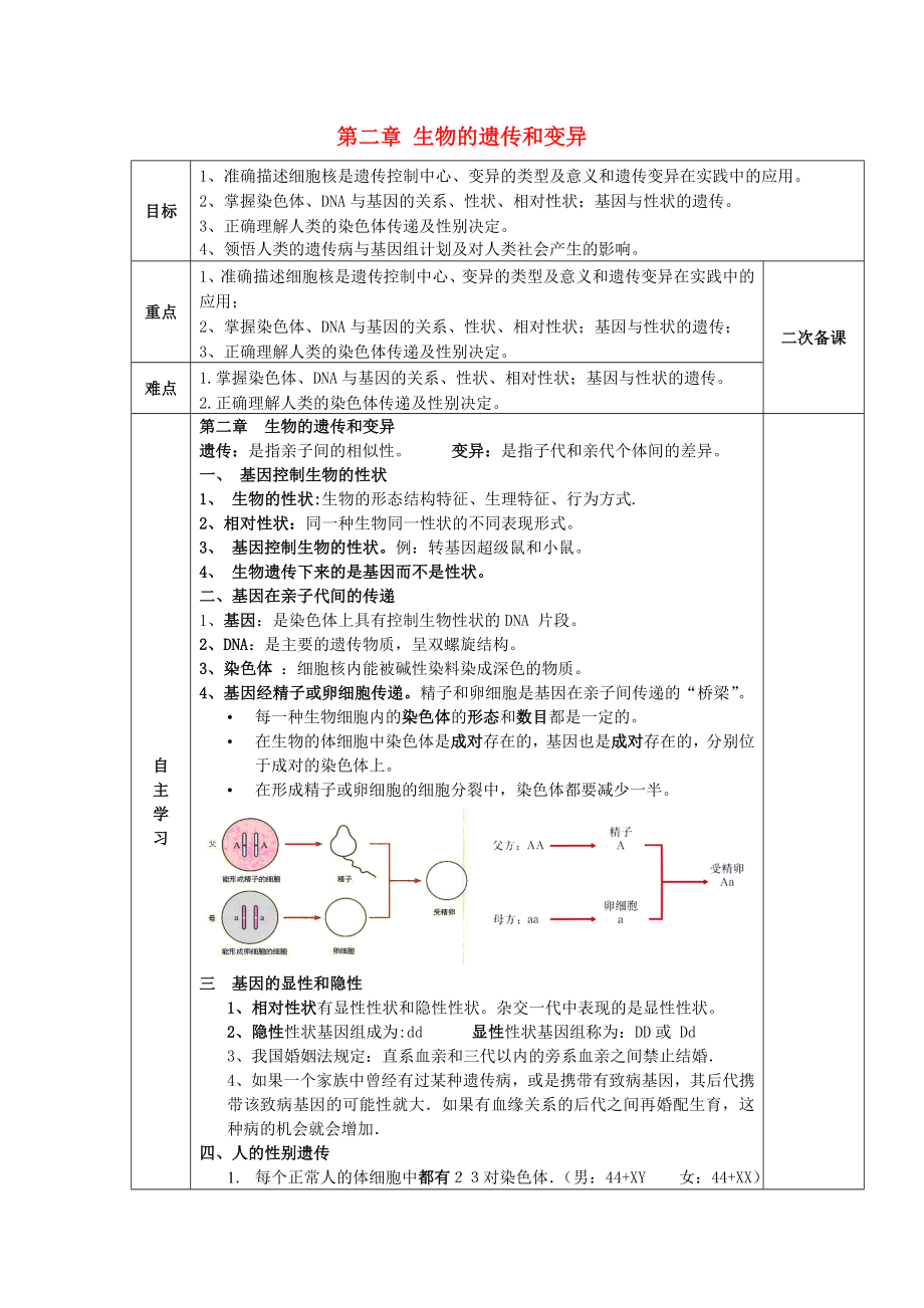 陜西省西安交大陽光中學(xué)八年級生物下冊 第七單元 第二章 生物的遺傳和變異學(xué)案（無答案） 新人教版_第1頁