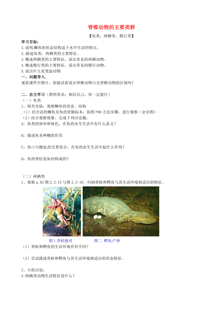 山東省無棣縣第一實(shí)驗學(xué)校七年級生物上冊 第二單元 第二章 第二節(jié) 脊椎動物的主要類群導(dǎo)學(xué)案（無答案）（新版）濟(jì)南版_第1頁