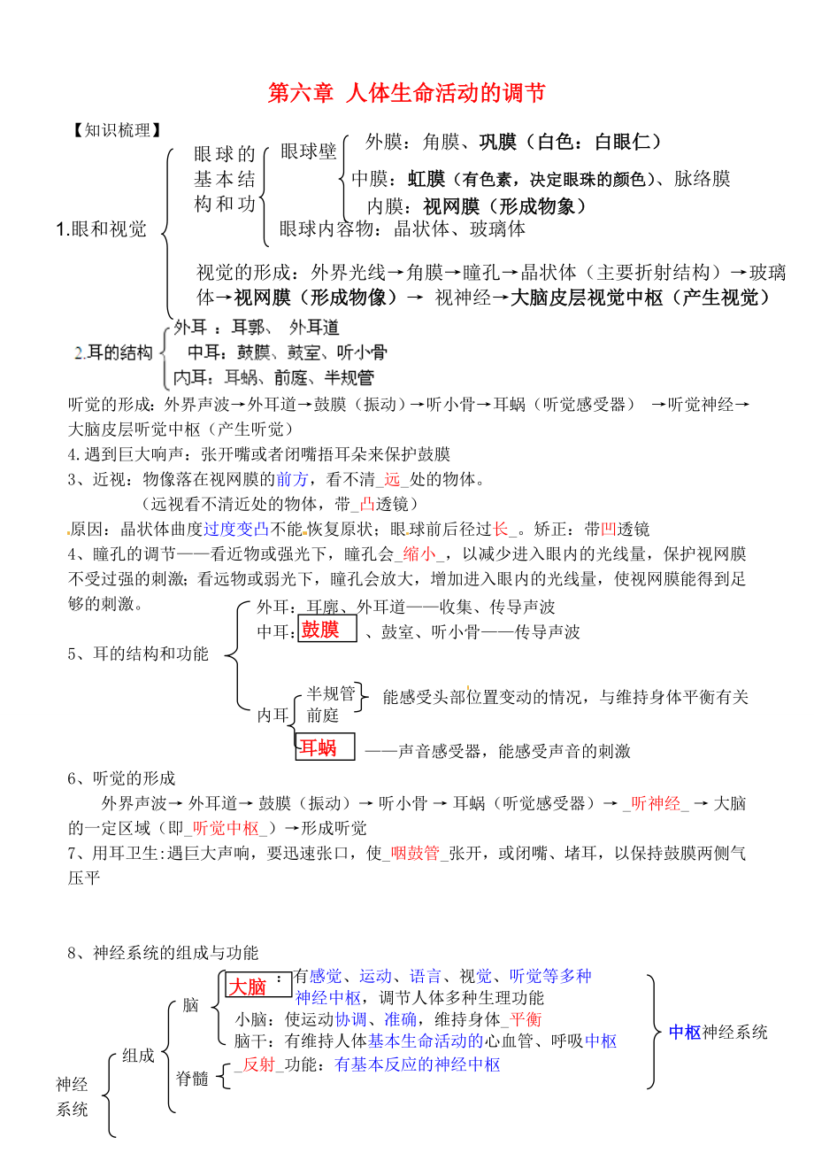 內(nèi)蒙古鄂爾多斯東勝區(qū)正東中學(xué)七年級生物下冊 第六章 人體生命活動的調(diào)節(jié)復(fù)習(xí)學(xué)案（無答案） 新人教版_第1頁