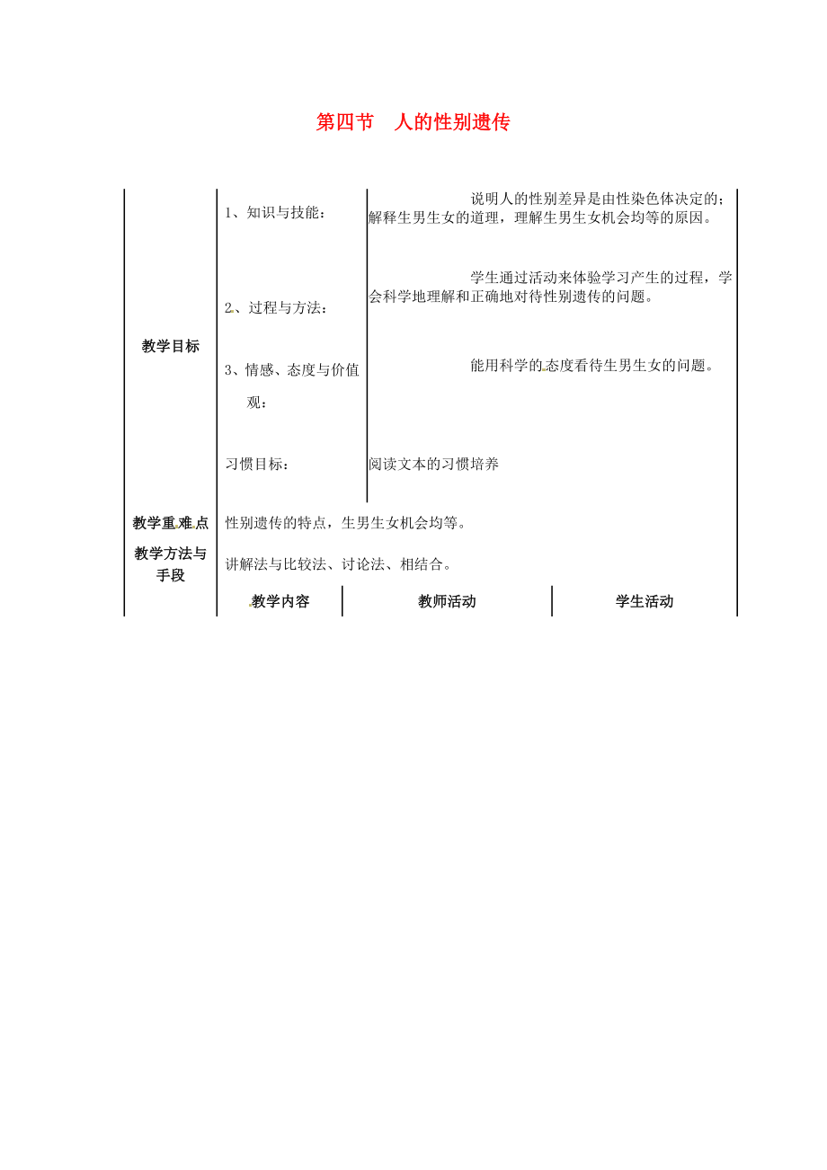 内蒙古乌兰浩特市第十二中学八年级生物下册《第七单元 第二章 第4节 人的性别遗传》教案 新人教版_第1页