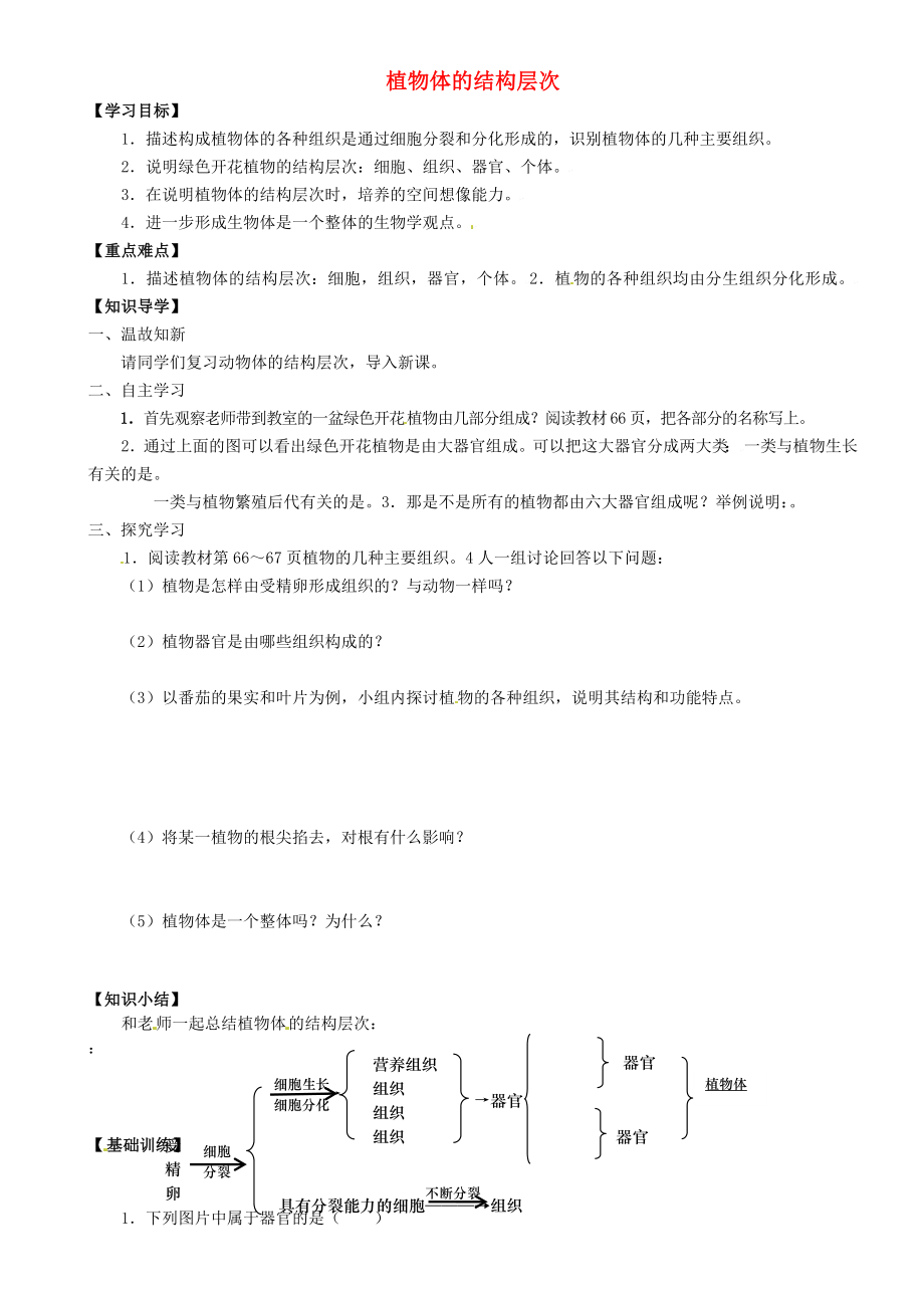 重慶市璧山縣青杠初級(jí)中學(xué)校七年級(jí)生物上冊(cè) 第二單元 第三章 第二節(jié) 植物體的結(jié)構(gòu)層次導(dǎo)學(xué)案（無(wú)答案） 新人教版_第1頁(yè)