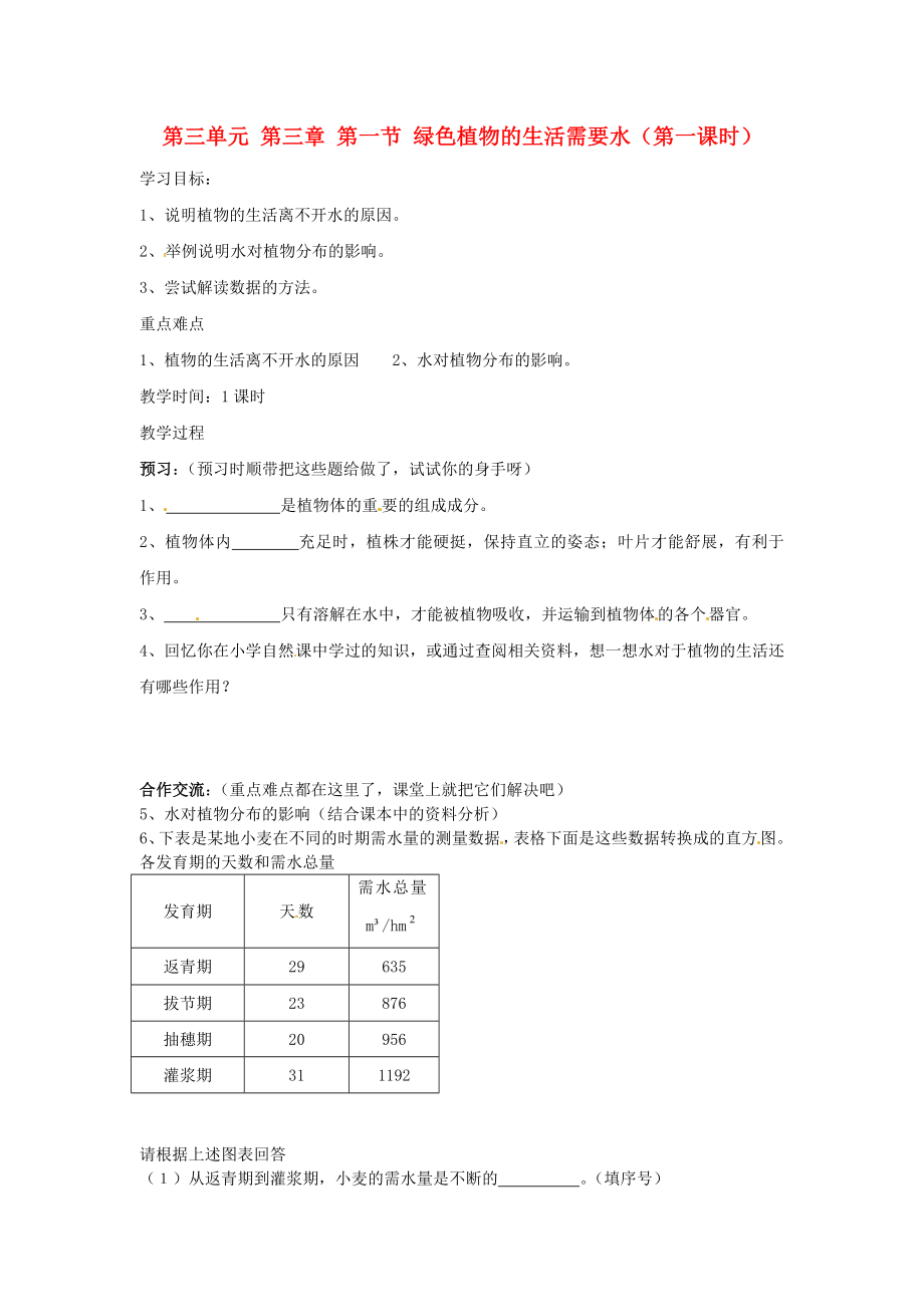 四川省宜賓市南溪二中七年級生物上冊 第三單元 第三章 第一節(jié) 綠色植物的生活需要水（第一課時）導學案（無答案） 新人教版_第1頁