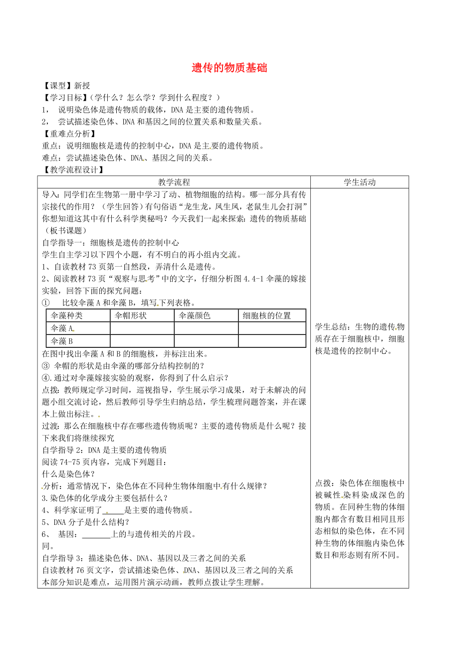 山東泰安市八年級生物下冊 8.2.1《遺傳的物質基礎》學案（無答案） 魯教版五四制_第1頁