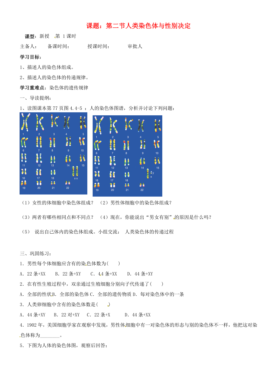 山東省東營市第二中學(xué)八年級生物 《第二節(jié)人類染色體與性別決定》（第一課時(shí)）學(xué)案（無答案）_第1頁