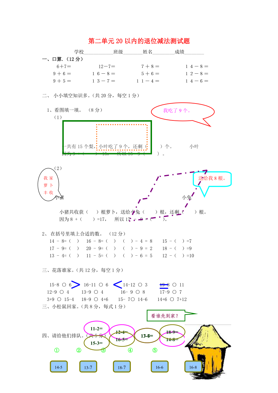 2019春一年級數(shù)學(xué)下冊 第二單元《20以內(nèi)退位減法》測試1（新版）新人教版_第1頁