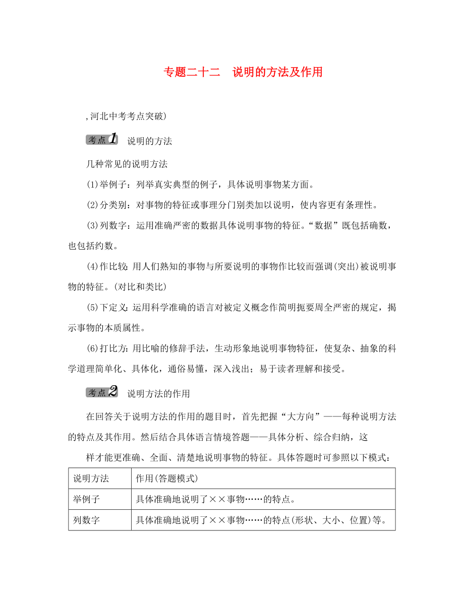 中考命題研究河北2020中考語文 說明文閱讀與訓(xùn)練 專題22 說明的方法及作用（無答案）_第1頁