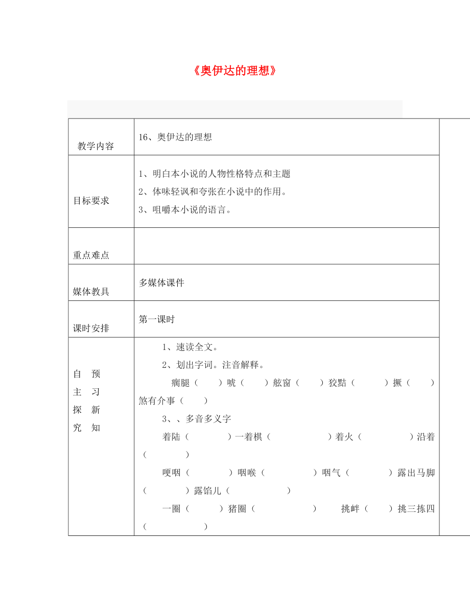 2020九年级语文下册 第四单元 16《奥伊达的理想》导学案2（无答案）（新版）语文版_第1页