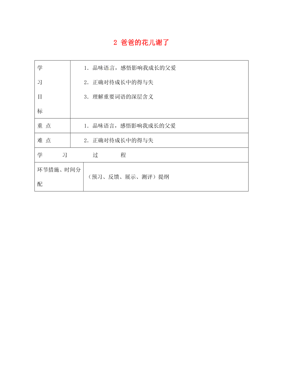 甘肅省永靖縣回民中學(xué)七年級(jí)語(yǔ)文下冊(cè) 2 爸爸的花兒謝了（第二課時(shí)）導(dǎo)學(xué)案（無(wú)答案）（新版）新人教版_第1頁(yè)