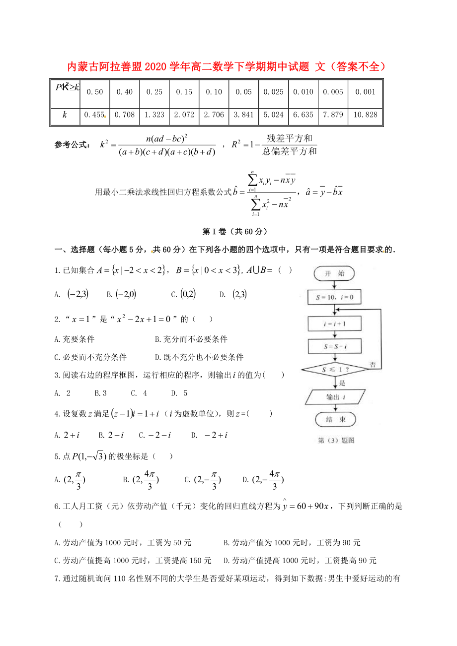 內(nèi)蒙古阿拉善盟2020學(xué)年高二數(shù)學(xué)下學(xué)期期中試題 文（答案不全）_第1頁