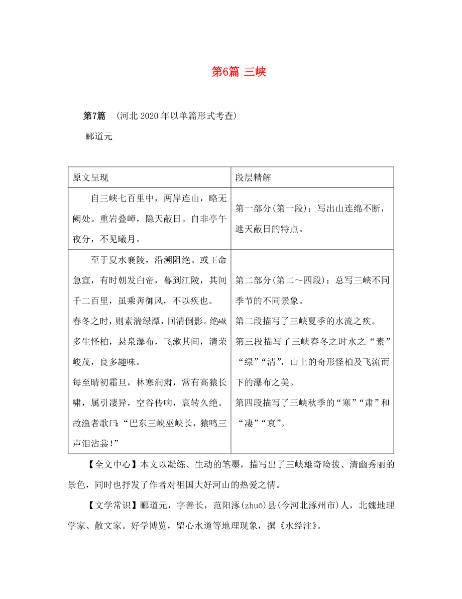 中考命題研究河北2020中考語文 專題二 文言文閱讀 第6篇三峽（無答案）_第1頁