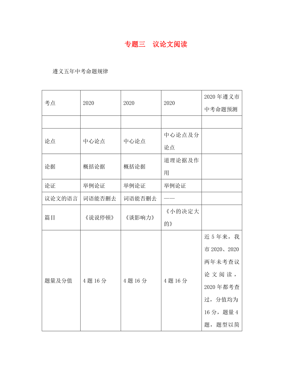 中考命題研究遵義2020中考語文 閱讀 專題三 議論文閱讀（無答案）_第1頁