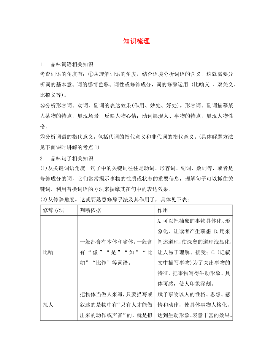 云南2020屆中考語文 熱點(diǎn)專題攻略 三 閱讀 專題十四 記敘文閱讀 課時(shí)講解2 知識梳理_第1頁