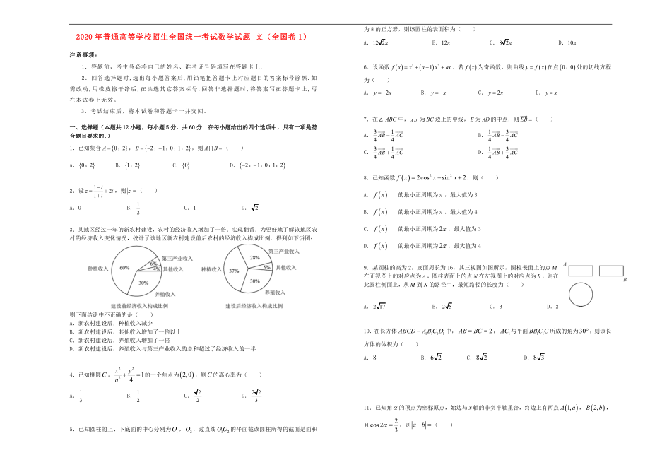 2020年普通高等學(xué)校招生全國(guó)統(tǒng)一考試數(shù)學(xué)試題 文（全國(guó)卷1無(wú)答案）_第1頁(yè)