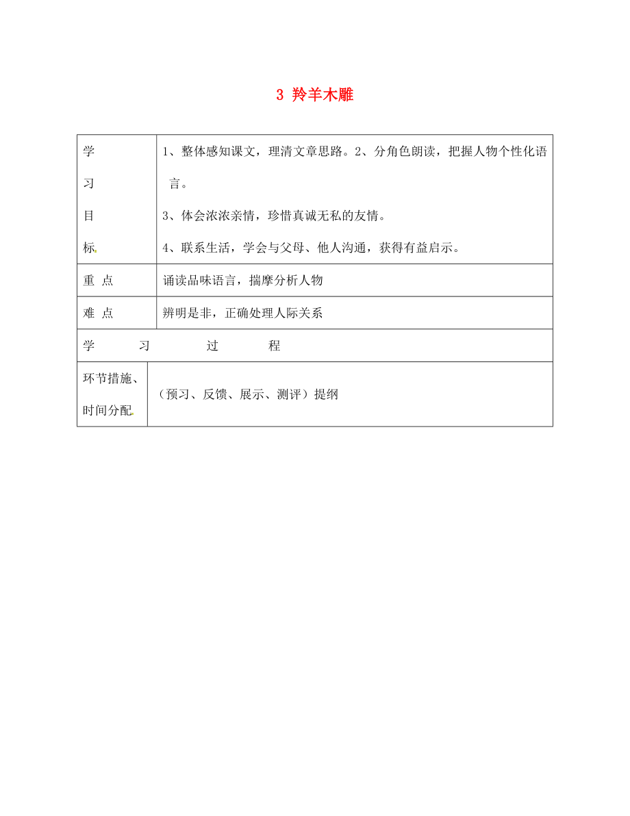 甘肅省永靖縣回民中學(xué)七年級語文上冊 3 羚羊木雕導(dǎo)學(xué)案（無答案）（新版）新人教版_第1頁