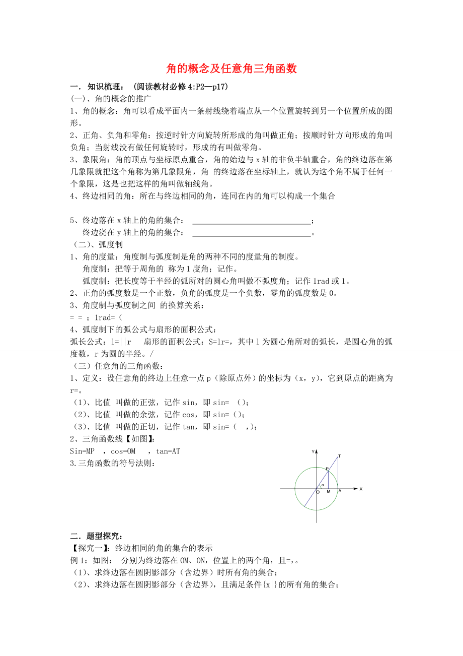 吉林省東北師范大學(xué)附屬中學(xué)2020屆高三數(shù)學(xué)第一輪復(fù)習 角的概念及任意角三角函數(shù)學(xué)案 理_第1頁