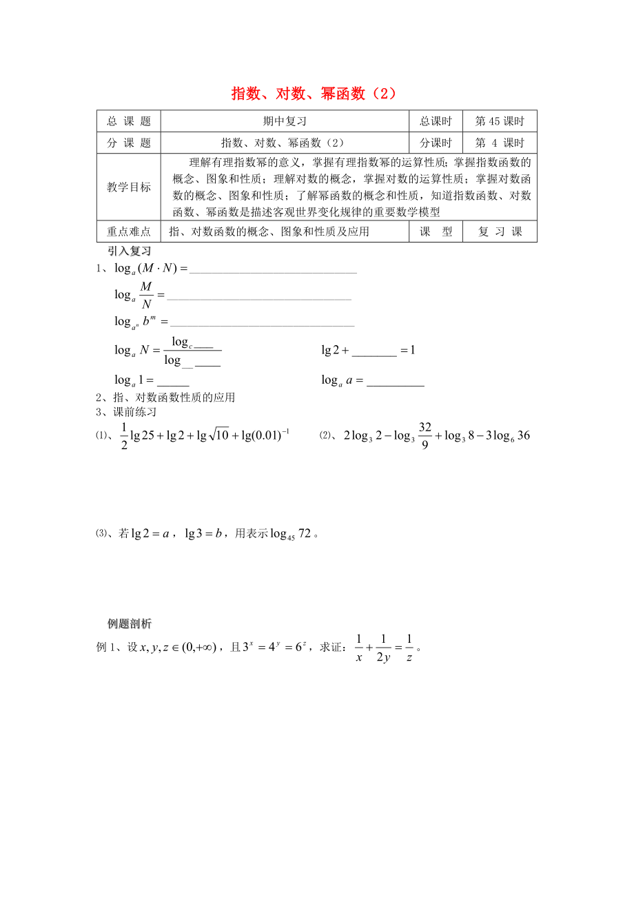 2020學(xué)年高中數(shù)學(xué) 初高中銜接教材 第45課時(shí) 指數(shù)對(duì)數(shù)冪函數(shù)復(fù)習(xí)（2）學(xué)案（無答案）蘇教版_第1頁