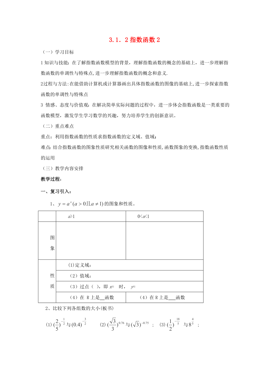 云南省峨山彝族自治縣高中數(shù)學 第三章 基本初等函數(shù)（Ⅰ）3.1 指數(shù)與指數(shù)函數(shù) 3.1.2 指數(shù)函數(shù)導學案（無答案）新人教B版必修1（通用）_第1頁