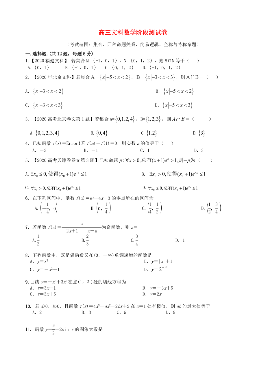 吉林省東北師范大學(xué)附屬中學(xué)2020屆高三數(shù)學(xué)第一輪復(fù)習(xí) 階段測(cè)試卷（第1周）文_第1頁(yè)