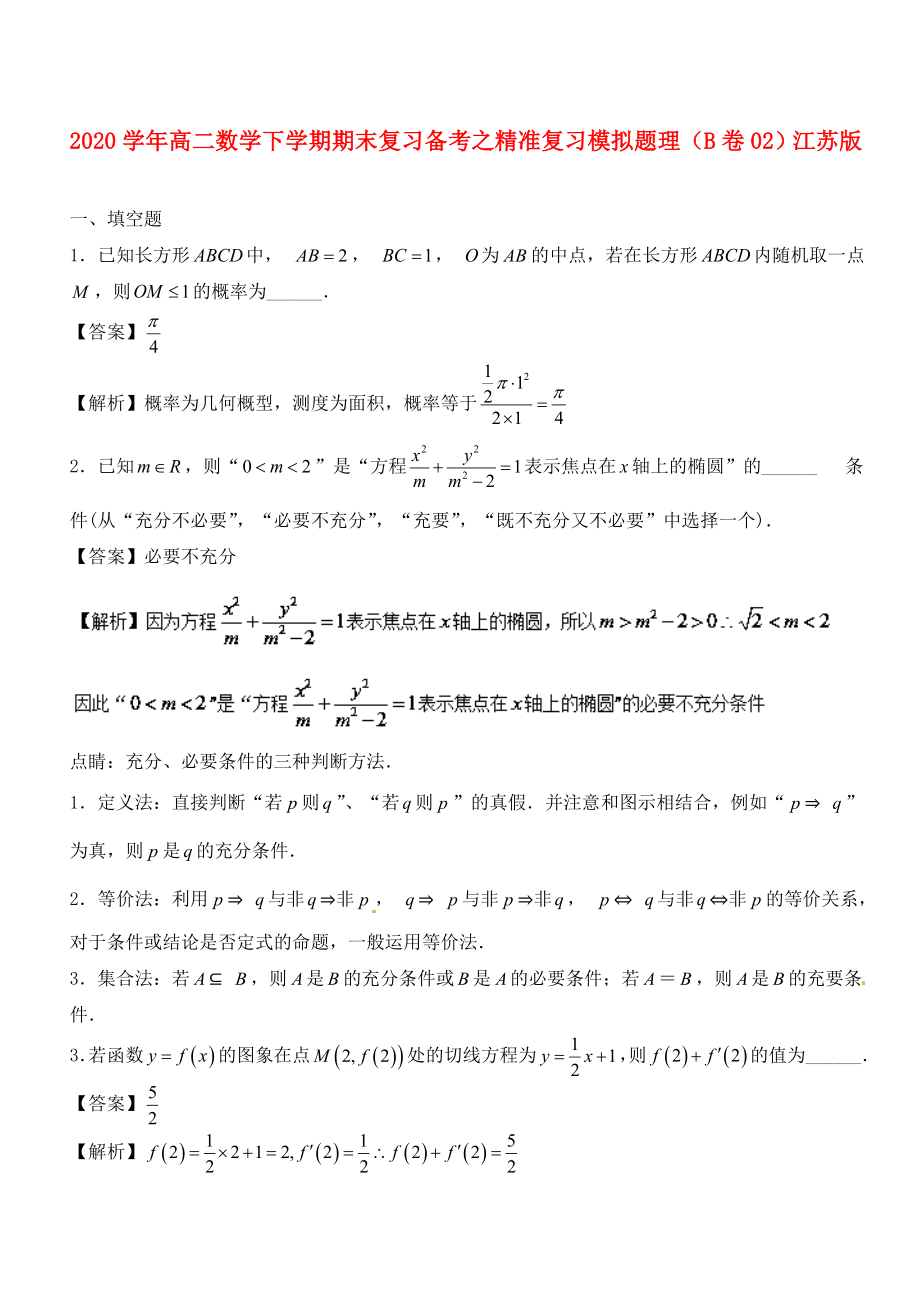 2020学年高二数学下学期期末复习备考之精准复习模拟题理B卷02江苏版2_第1页