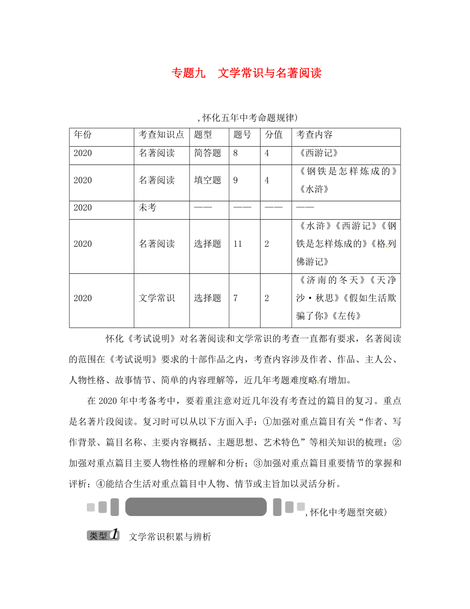 中考命題研究（懷化）2020中考語(yǔ)文 第二編 積累運(yùn)用突破篇 專題九 文學(xué)常識(shí)與名著閱讀（答案不全）_第1頁(yè)