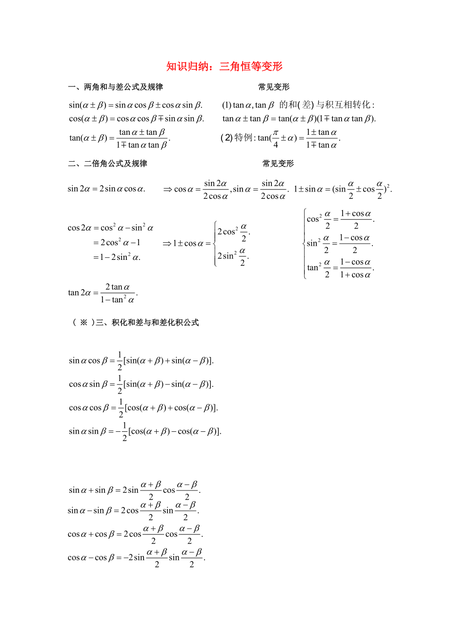 陜西省吳堡縣吳堡中學(xué)高中數(shù)學(xué) 第三章 三角恒等變形公式匯總典例剖析素材 北師大版必修4（通用）_第1頁