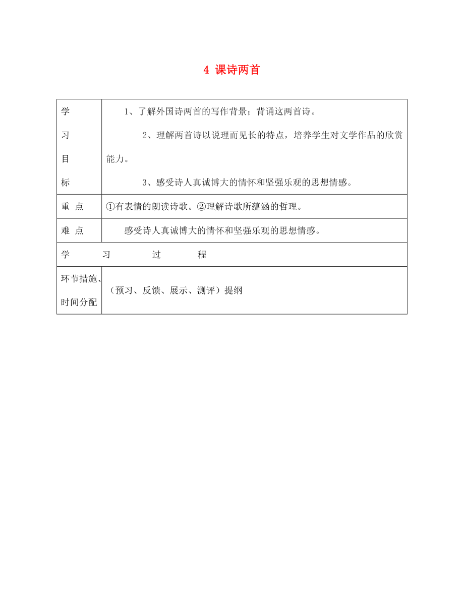 甘肅省永靖縣回民中學(xué)七年級(jí)語文下冊(cè) 4 詩兩首導(dǎo)學(xué)案（無答案）（新版）新人教版_第1頁