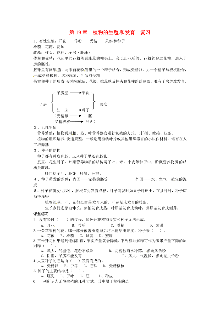 江苏省涟水县红日中学八年级生物上册 第19章 植物的生殖和发育复习导学案（无答案） 苏科版_第1页