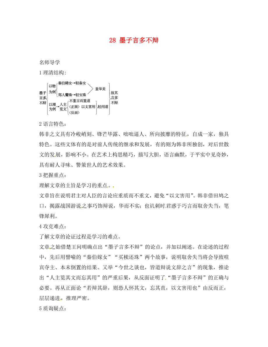 2020秋八年級語文上冊 28 墨子言多不辯課堂導(dǎo)學(xué) 北京課改版_第1頁