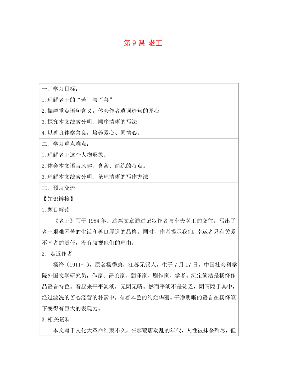 云南省麻栗坡縣董干中學(xué)八年級語文上冊 第9課 老王導(dǎo)學(xué)案（無答案） 新人教版（通用）_第1頁