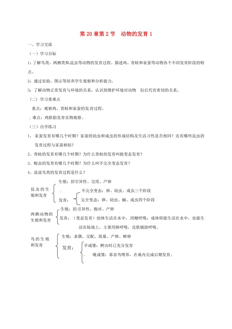 江蘇省漣水縣紅日中學(xué)八年級(jí)生物上冊(cè) 7.20.2 動(dòng)物的發(fā)育教學(xué)案1（無(wú)答案） 蘇科版_第1頁(yè)