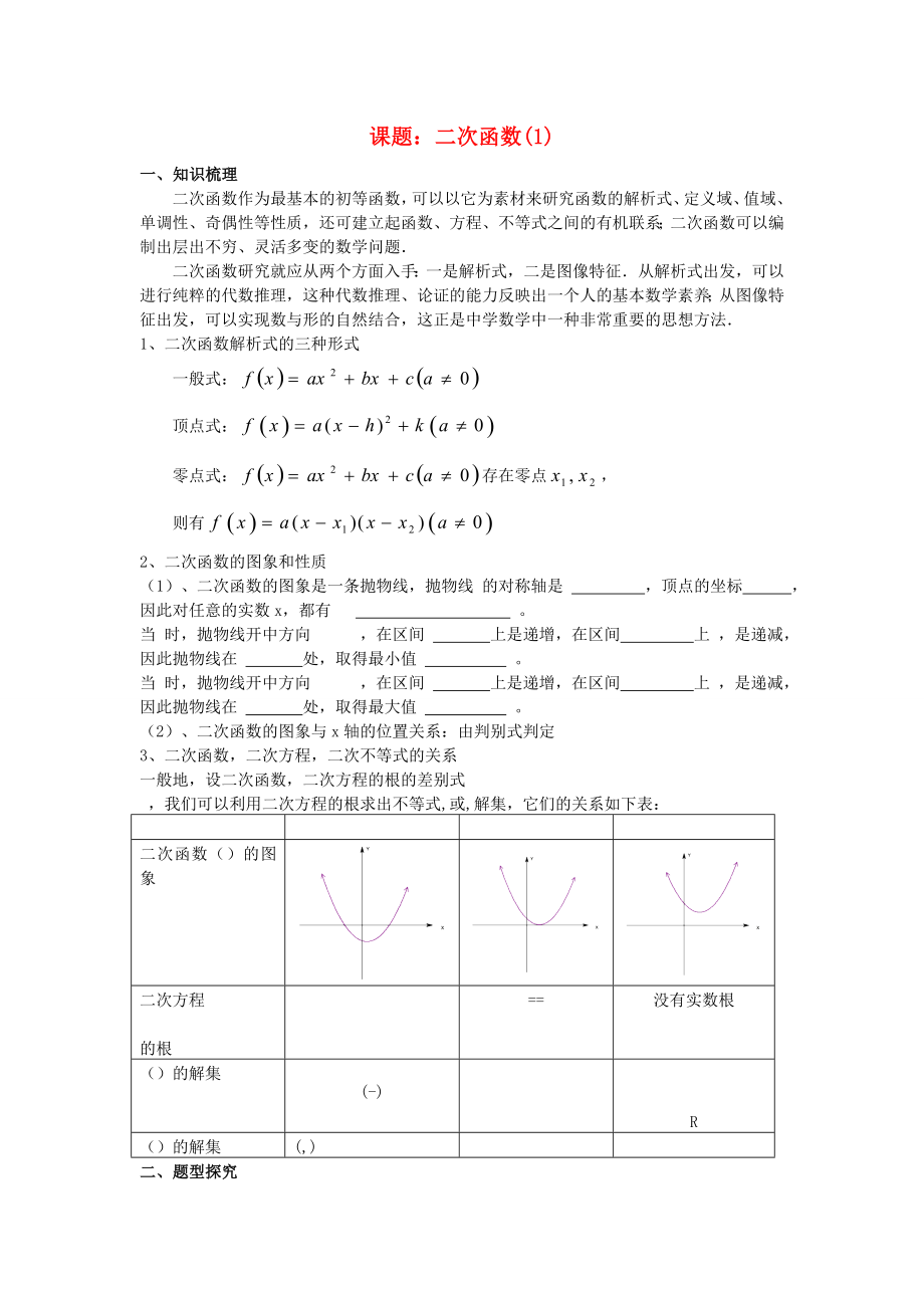 吉林省東北師范大學(xué)附屬中學(xué)2020屆高三數(shù)學(xué)第一輪復(fù)習(xí) 二次函數(shù)（1）教案 文_第1頁